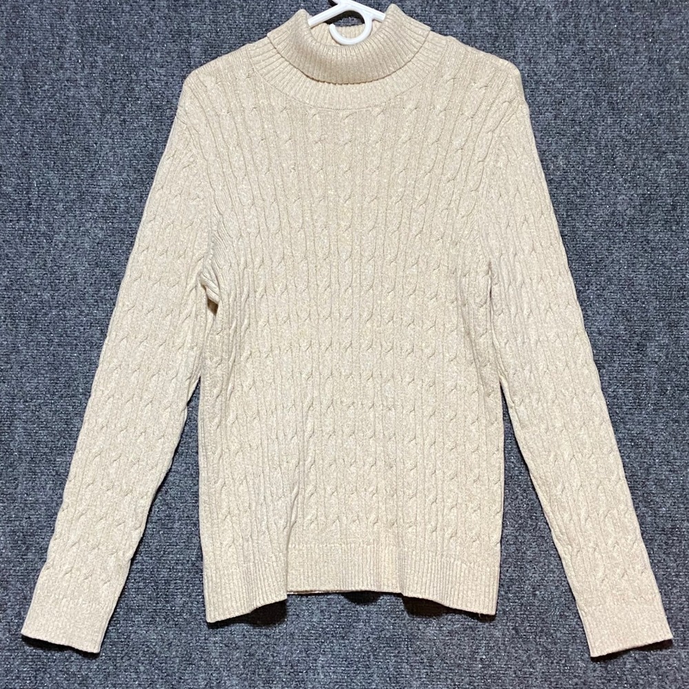 Charter Club Womens XL Pullover Sweater Mock Neck Cable Knit Metallic Gold Beige